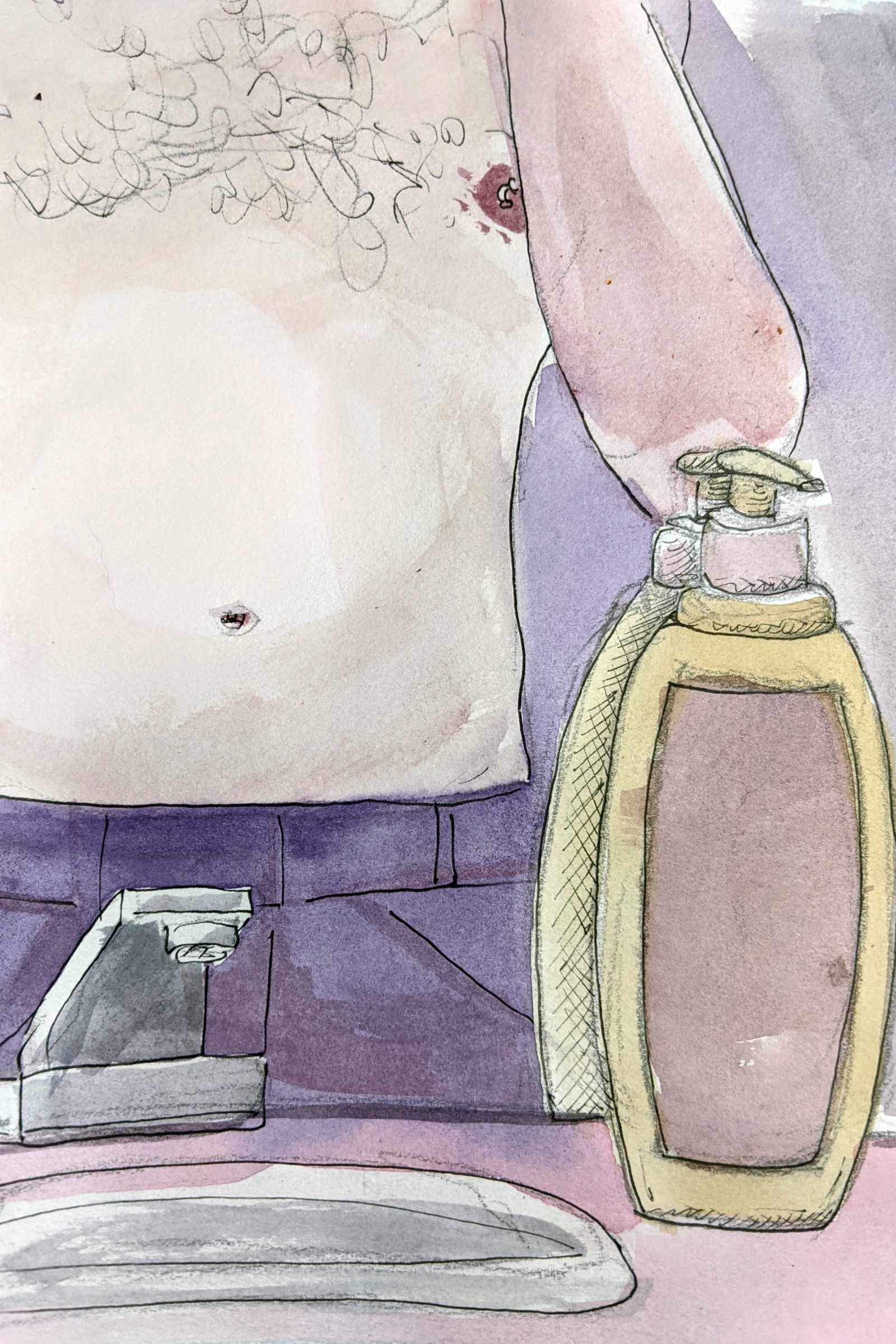 Watercolor and ink painting of the artists torso at the bathroom sink. They are brushing their teeth, shirtless, and you can see an exposed, pierced nipple.